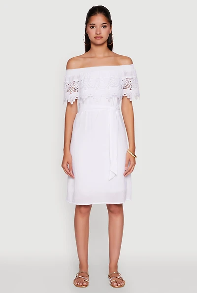 Womens Chic Off the Shoulder Crochet Sundress with Tie Waist Belt, White, Size L