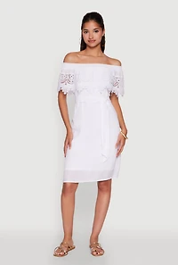 Womens Chic Off the Shoulder Crochet Sundress with Tie Waist Belt, White, Size M