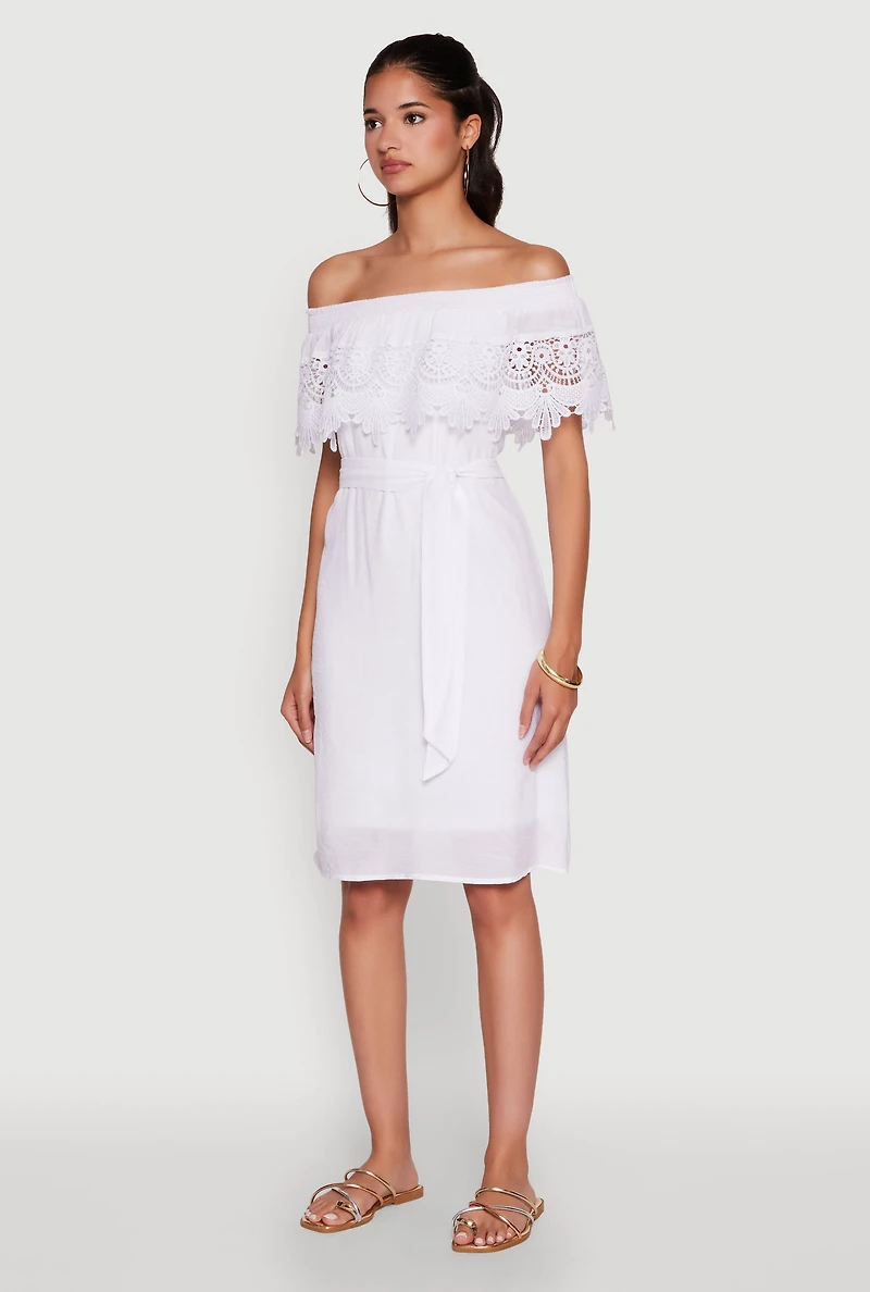 Womens Chic Off the Shoulder Crochet Sundress with Tie Waist Belt, White, Size L