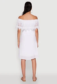 Womens Chic Off the Shoulder Crochet Sundress with Tie Waist Belt, White, Size M