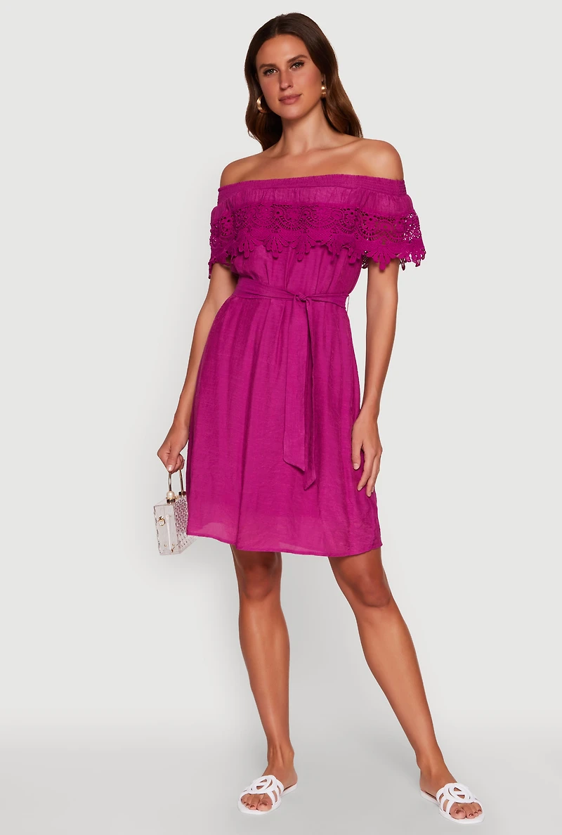 Womens Chic Off the Shoulder Crochet Sundress with Tie Waist Belt, Purple, Size M
