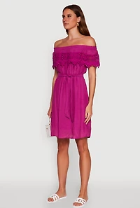 Womens Chic Off the Shoulder Crochet Sundress with Tie Waist Belt, Purple, Size M