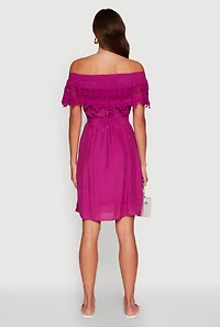 Womens Chic Off the Shoulder Crochet Sundress with Tie Waist Belt, Purple, Size M