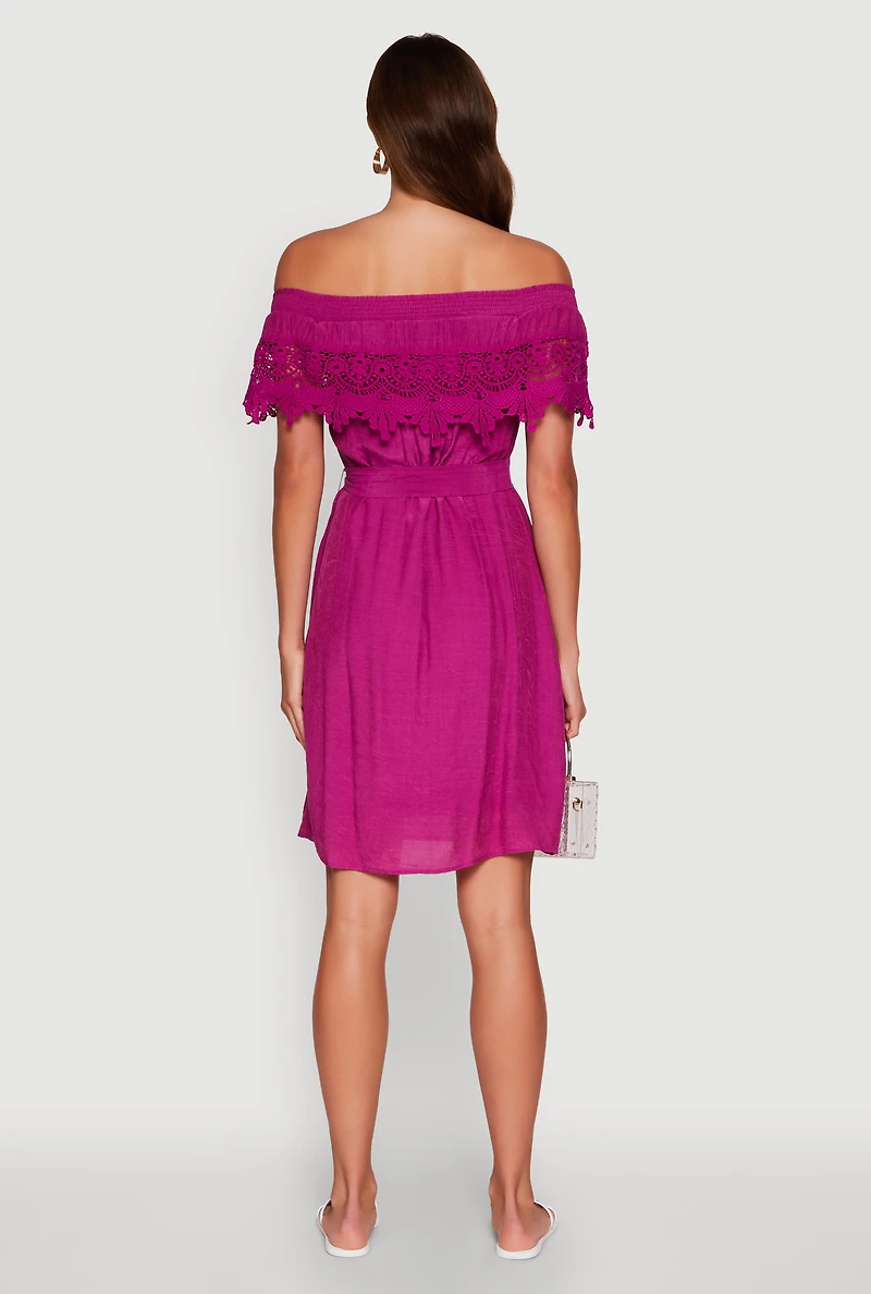 Womens Chic Off the Shoulder Crochet Sundress with Tie Waist Belt, Purple, Size M