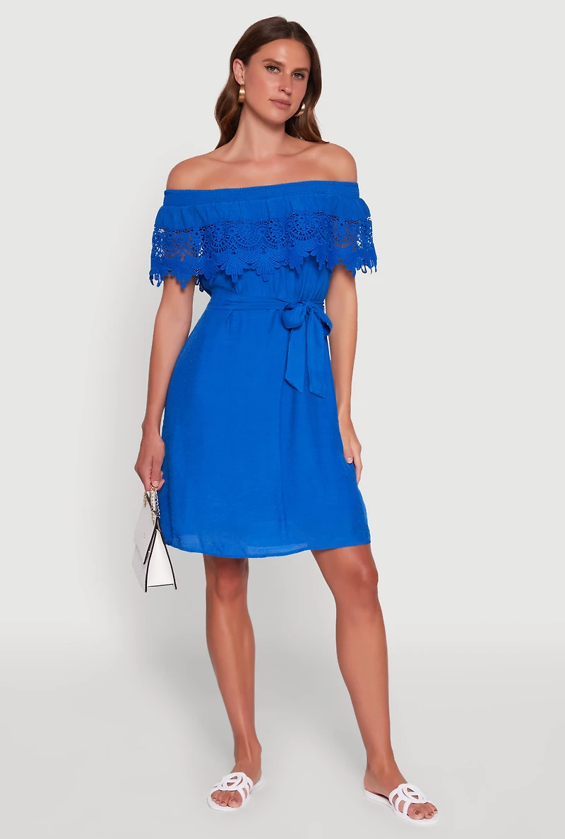 Womens Chic Off the Shoulder Crochet Sundress with Tie Waist Belt,