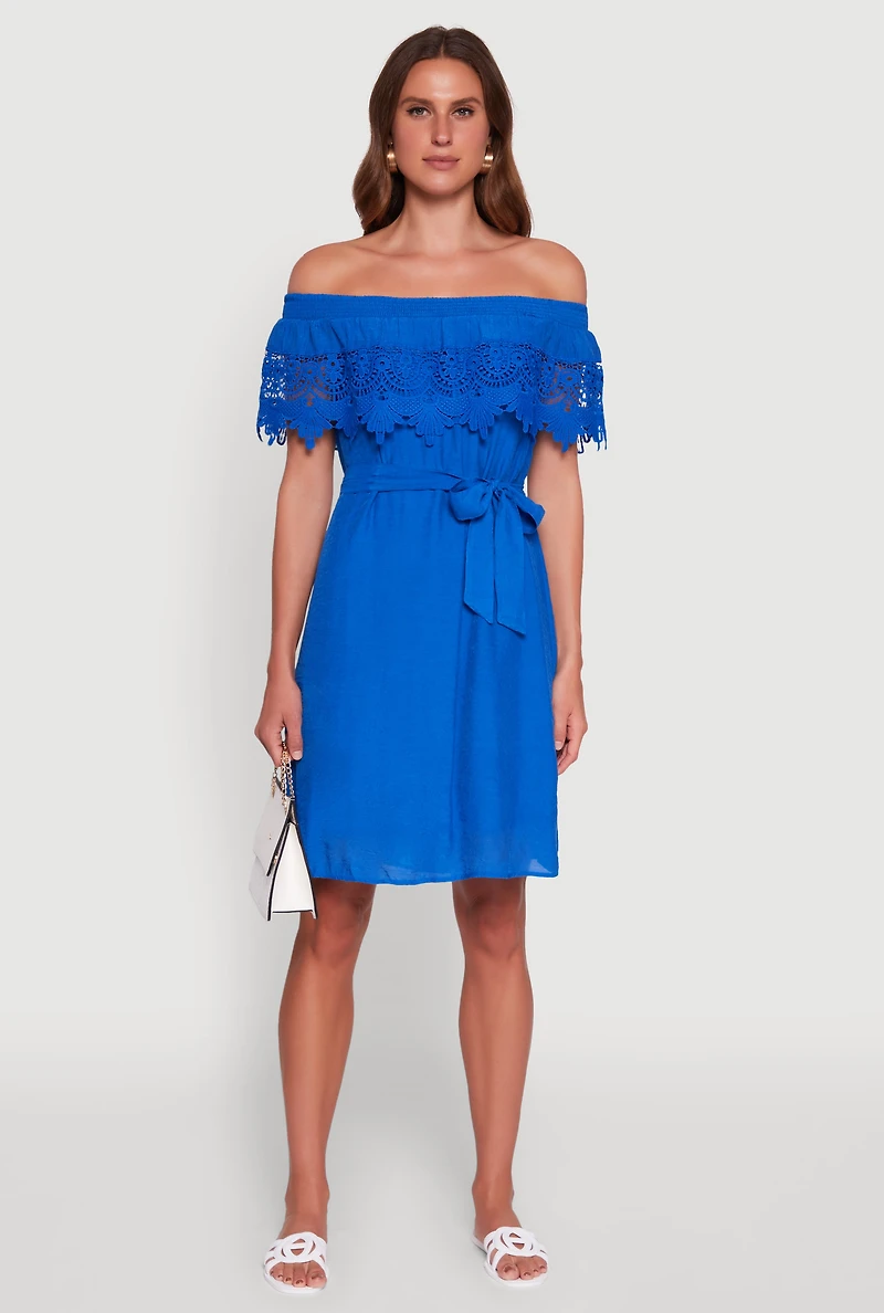 Womens Chic Off the Shoulder Crochet Sundress with Tie Waist Belt,