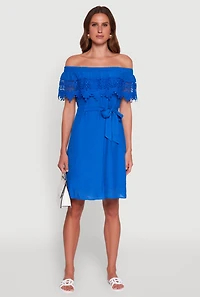 Womens Chic Off the Shoulder Crochet Sundress with Tie Waist Belt,