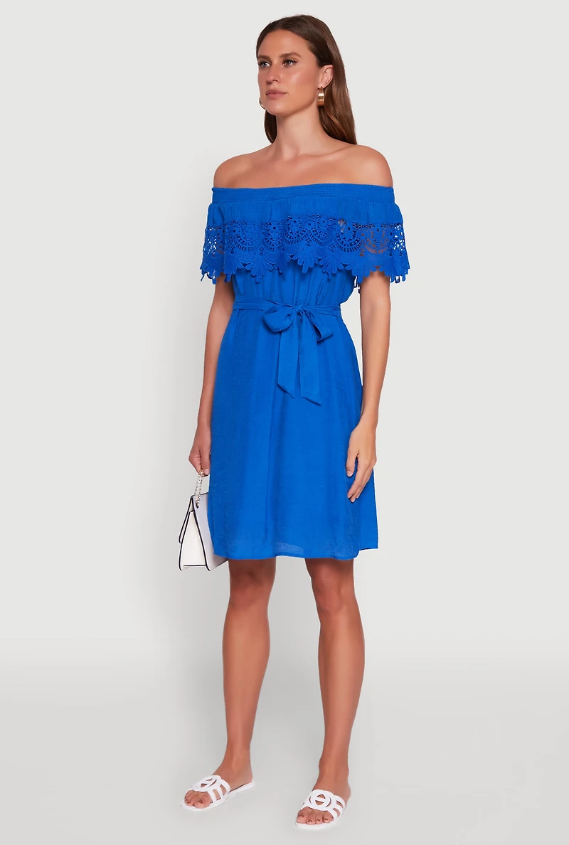 Womens Chic Off the Shoulder Crochet Sundress with Tie Waist Belt,