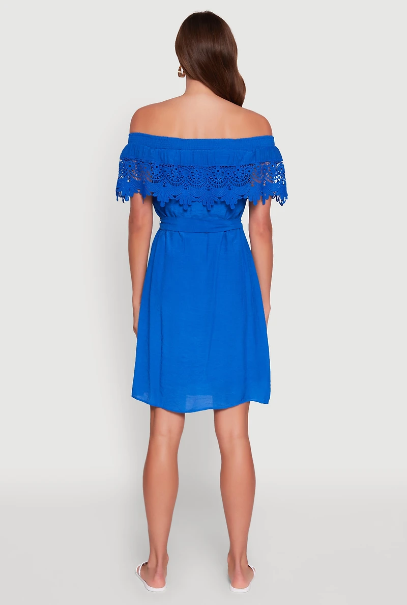 Womens Chic Off the Shoulder Crochet Sundress with Tie Waist Belt,