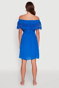 Womens Chic Off the Shoulder Crochet Sundress with Tie Waist Belt,