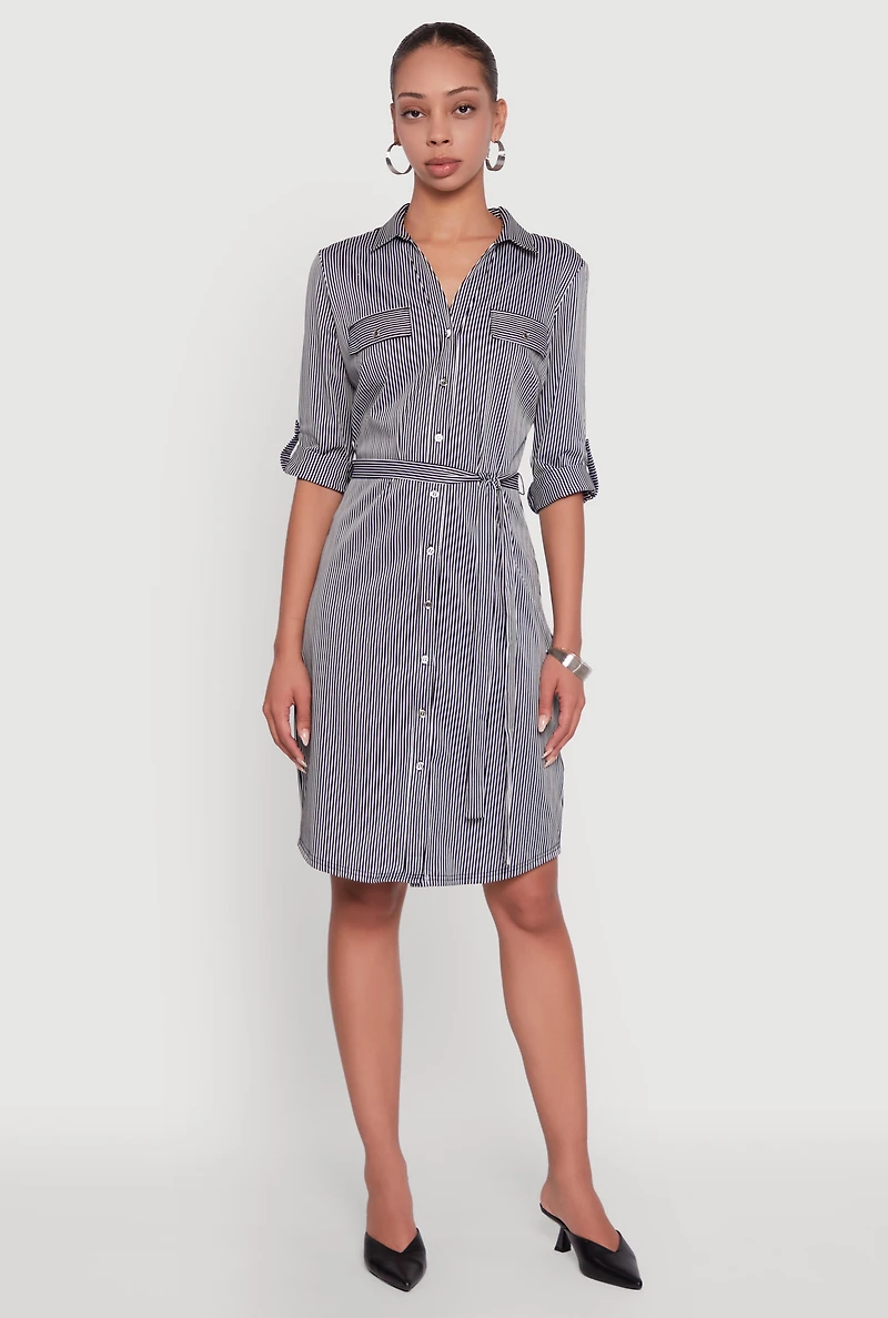 Womens Striped Button Front Shirt Dress with Tie Waist Belt, Multi, Size L
