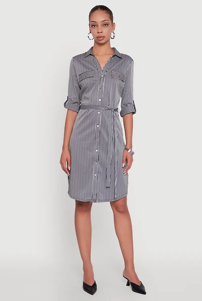 Womens Striped Button Front Shirt Dress with Tie Waist Belt, Multi, Size L