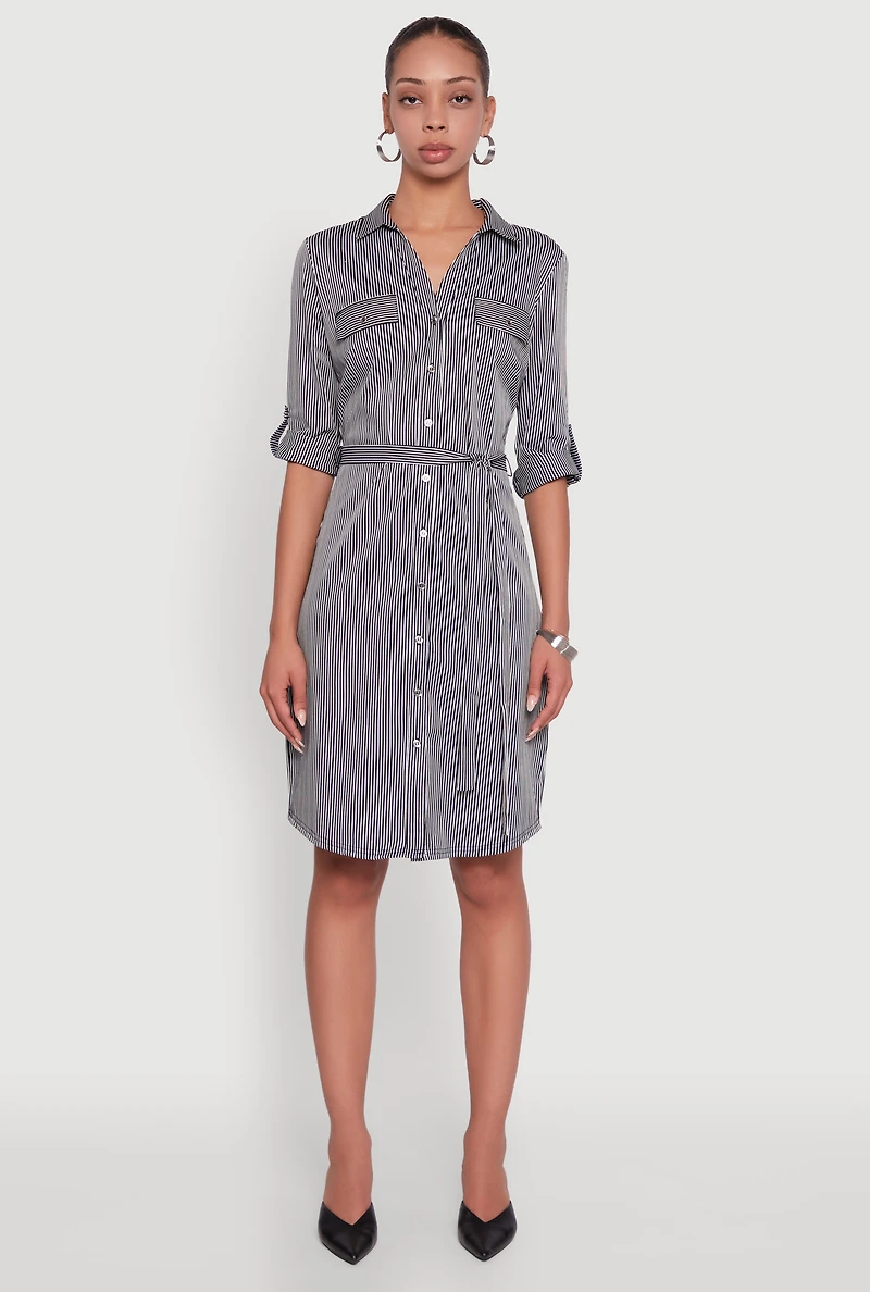 Womens Striped Button Front Shirt Dress with Tie Waist Belt, Multi, Size L