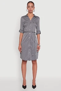 Womens Striped Button Front Shirt Dress with Tie Waist Belt, Multi, Size L