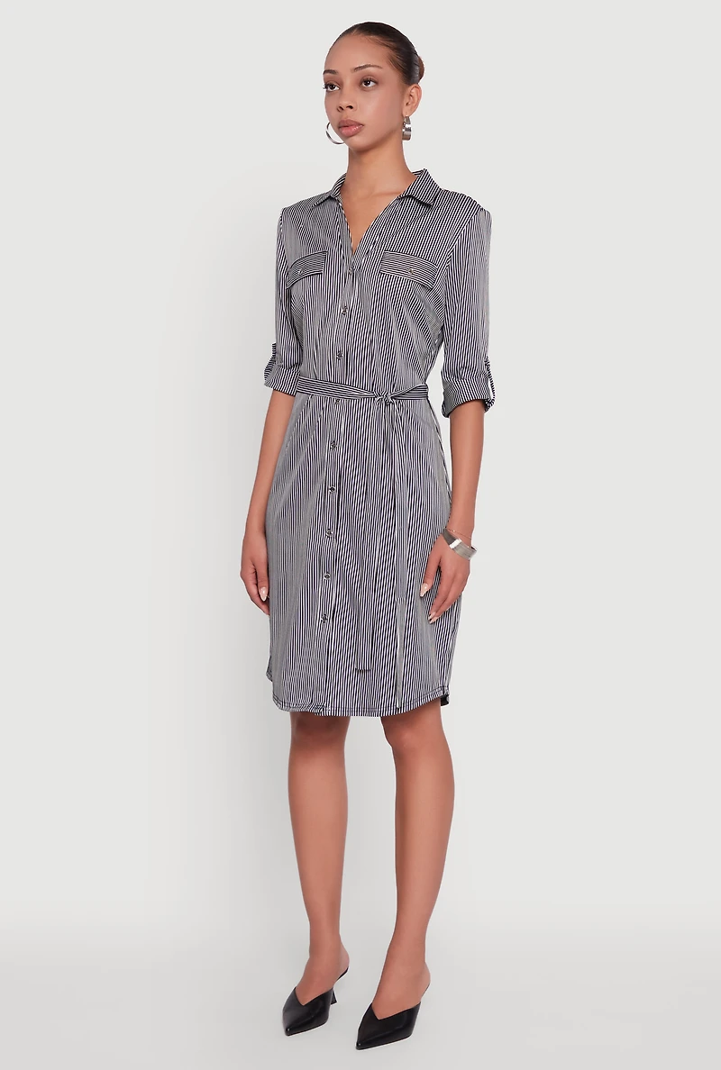 Womens Striped Button Front Shirt Dress with Tie Waist Belt, Multi,