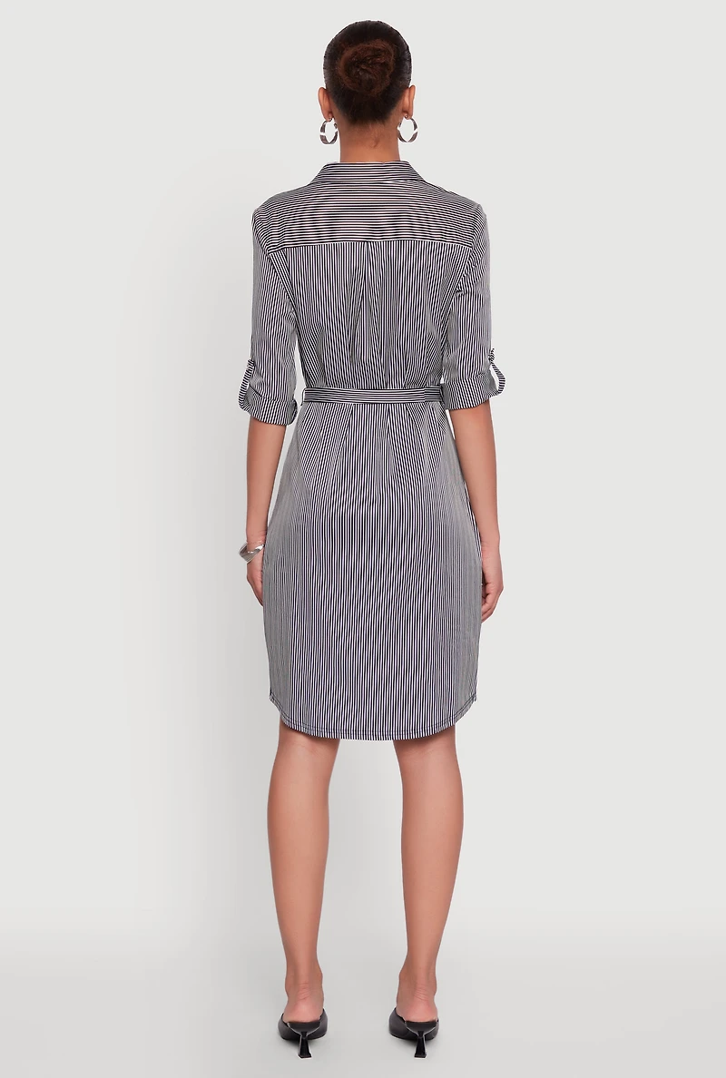 Womens Striped Button Front Shirt Dress with Tie Waist Belt, Multi,