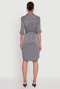 Womens Striped Button Front Shirt Dress with Tie Waist Belt, Multi,