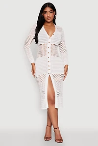 Pointelle Crochet Button Front Midi Dress