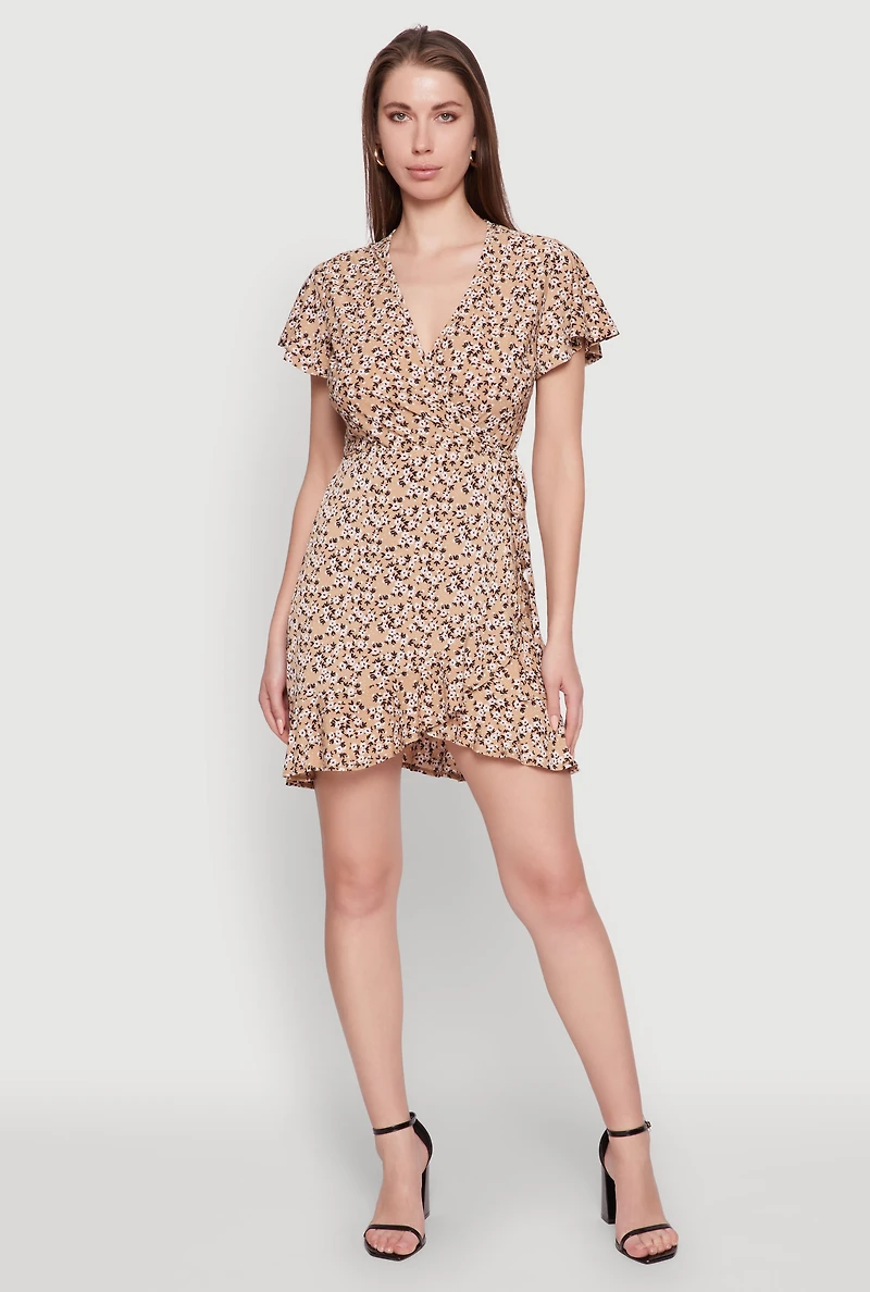 Womens Floral Wrap Dress with Ruffles and V-Neck,