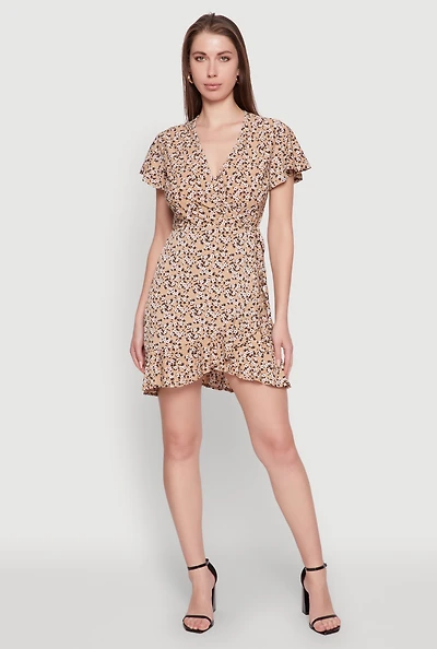 Womens Floral Wrap Dress with Ruffles and V-Neck, Beige, Size M