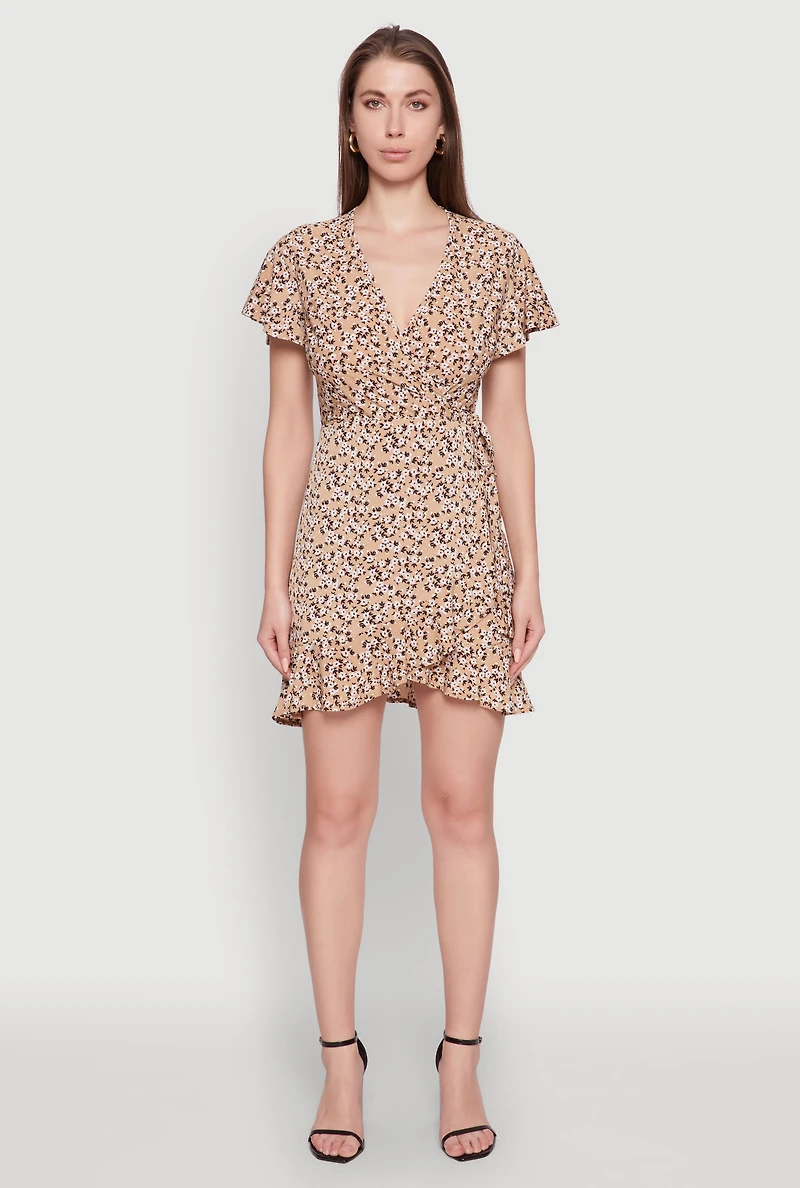 Womens Floral Wrap Dress with Ruffles and V-Neck,