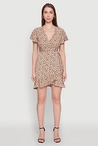 Womens Floral Wrap Dress with Ruffles and V-Neck,
