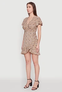 Womens Floral Wrap Dress with Ruffles and V-Neck, Beige, Size L