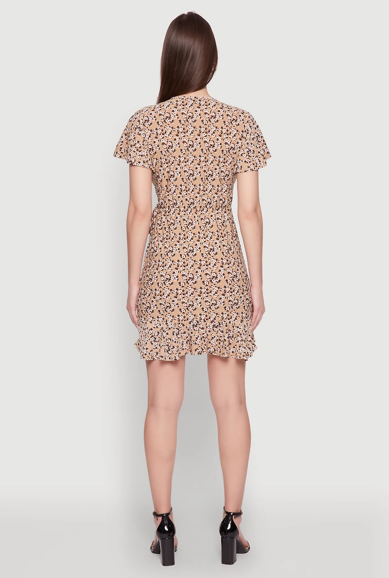 Womens Floral Wrap Dress with Ruffles and V-Neck,