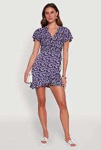 Womens Floral Wrap Dress with Ruffles and V-Neck, Blue, Size L