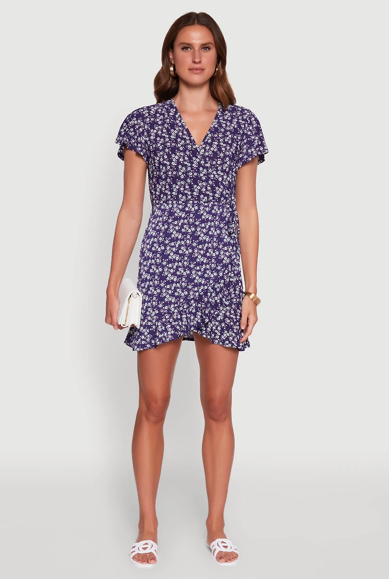 Womens Floral Wrap Dress with Ruffles and V-Neck, Blue, Size XL