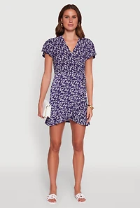 Womens Floral Wrap Dress with Ruffles and V-Neck, Blue, Size XL