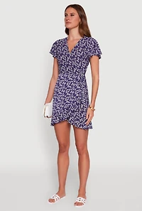 Womens Floral Wrap Dress with Ruffles and V-Neck, Blue, Size L