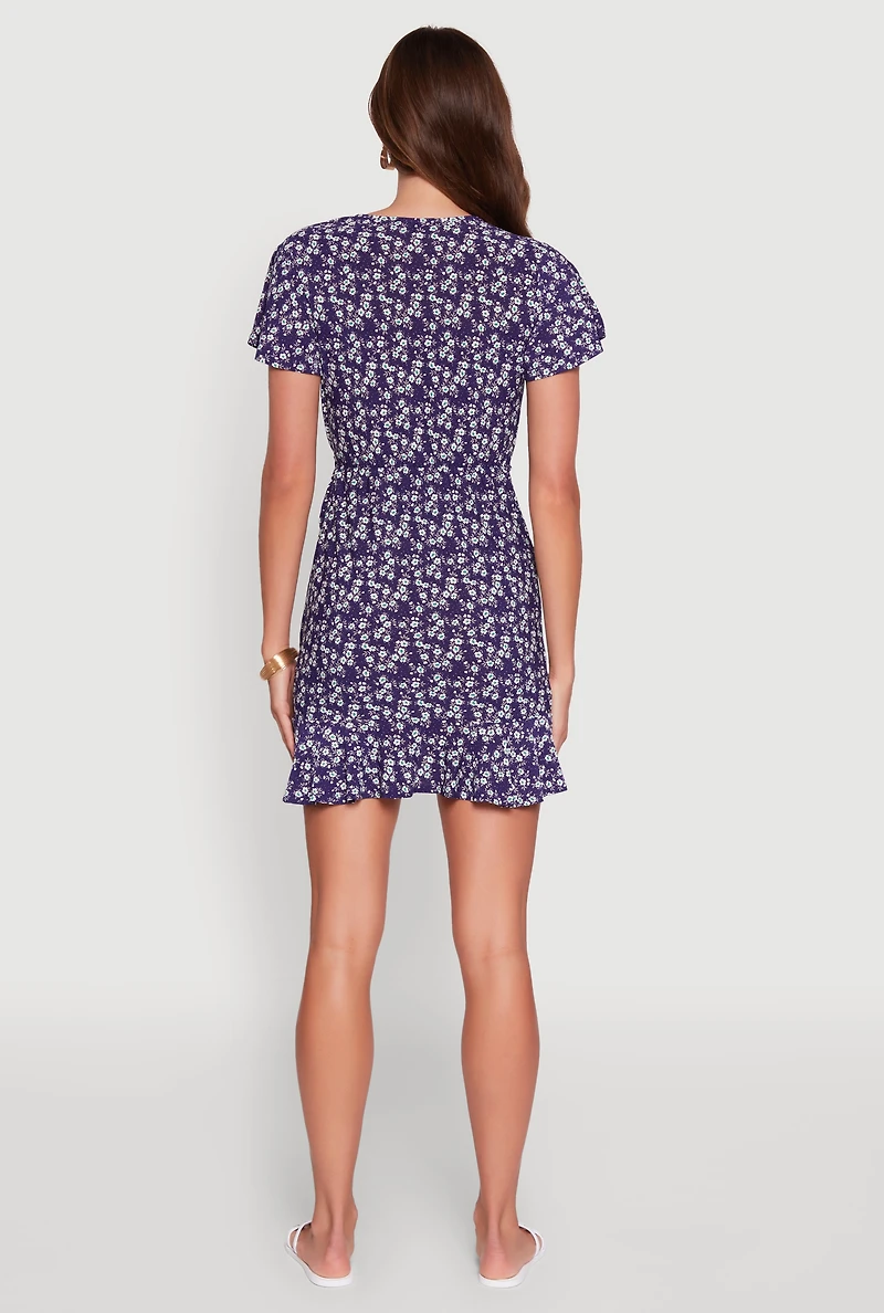 Womens Floral Wrap Dress with Ruffles and V-Neck, Blue, Size XL
