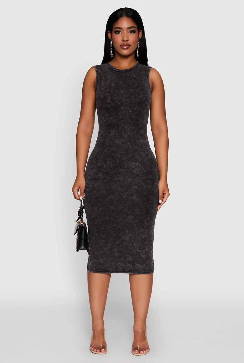 Womens Daisy Mineral Wash Sleeveless Curve Hugging Tank Dress, Black, Size S