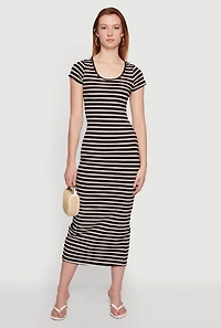 Striped Scoop Neck Back Slit Midi Dress