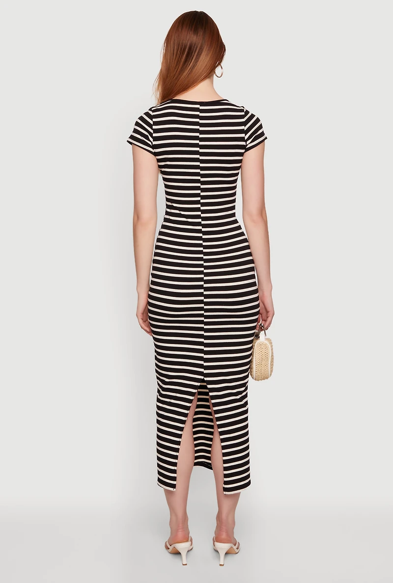Striped Scoop Neck Back Slit Midi Dress