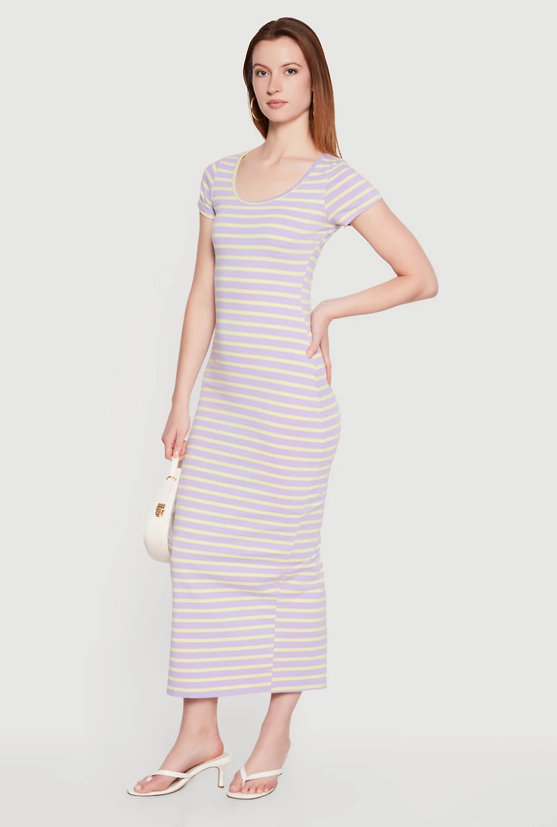 Striped Scoop Neck Back Slit Midi Dress