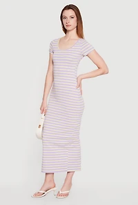 Striped Scoop Neck Back Slit Midi Dress