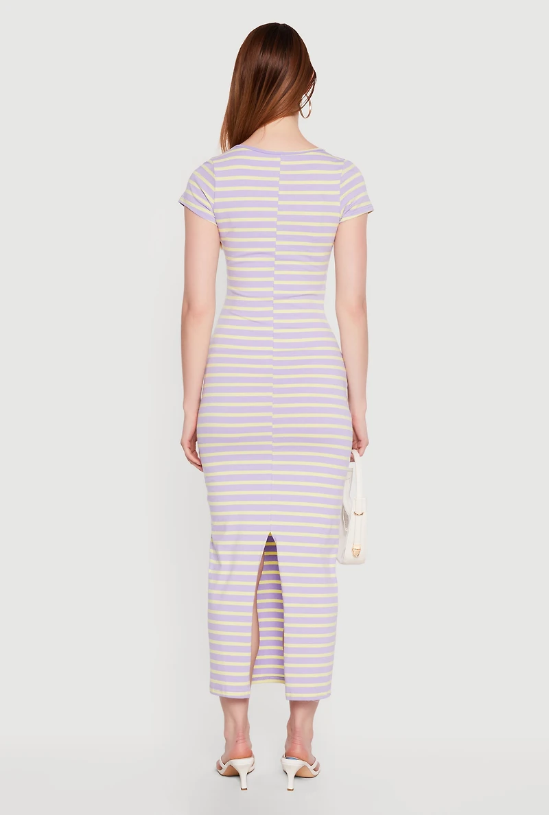Striped Scoop Neck Back Slit Midi Dress