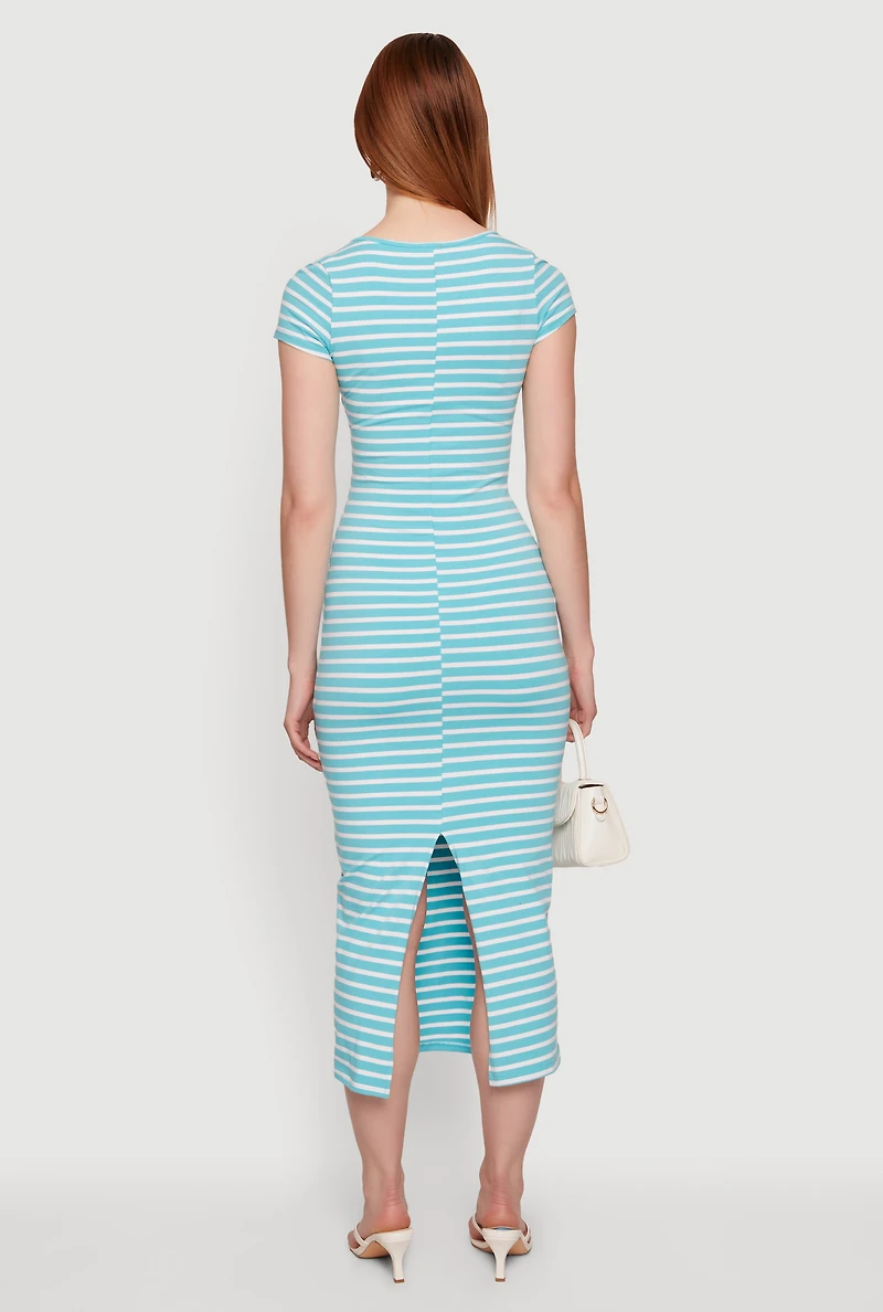 Striped Scoop Neck Back Slit Midi Dress