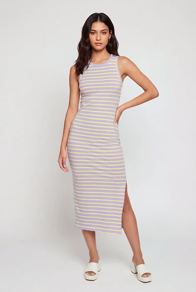 Striped Side Slit Tank Midi Dress