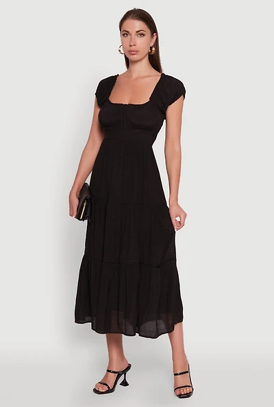 Womens Timeless Short Puff Sleeve Empire Waist Maxi Dress, Black, Size M