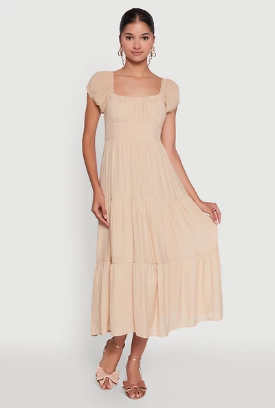 Womens Timeless Short Puff Sleeve Empire Waist Maxi Dress,