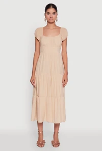 Womens Timeless Short Puff Sleeve Empire Waist Maxi Dress, Beige,
