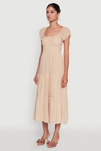 Womens Timeless Short Puff Sleeve Empire Waist Maxi Dress, Beige,