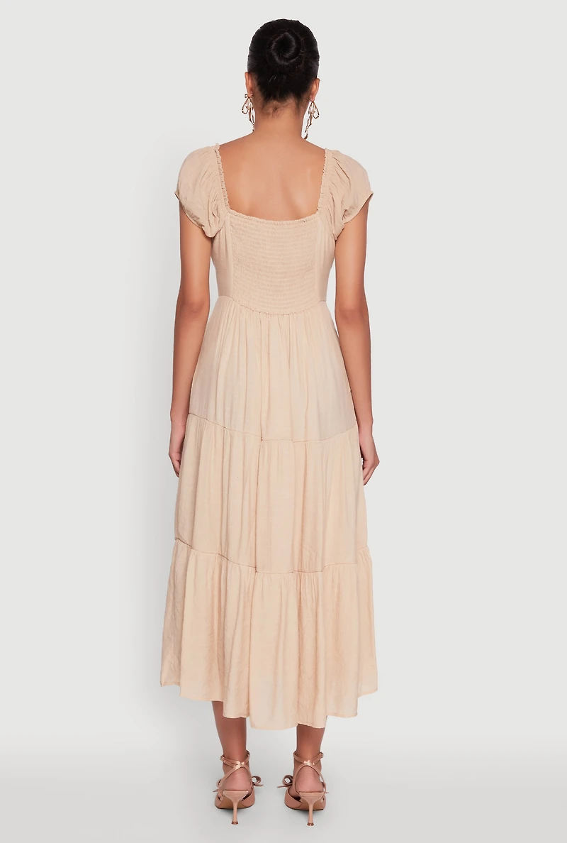 Womens Timeless Short Puff Sleeve Empire Waist Maxi Dress, Beige,