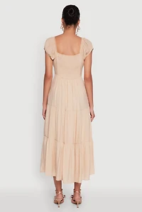 Womens Timeless Short Puff Sleeve Empire Waist Maxi Dress, Beige,