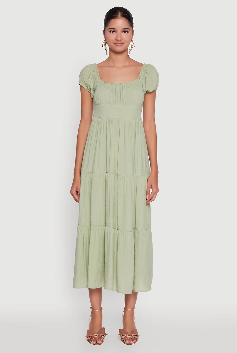 Womens Timeless Short Puff Sleeve Empire Waist Maxi Dress, Green, Size S