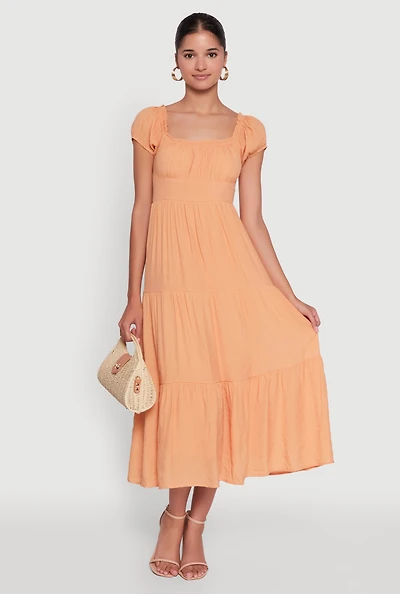 Womens Timeless Short Puff Sleeve Empire Waist Maxi Dress, Orange, Size S