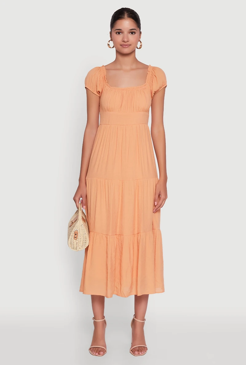 Womens Timeless Short Puff Sleeve Empire Waist Maxi Dress, Orange, Size S
